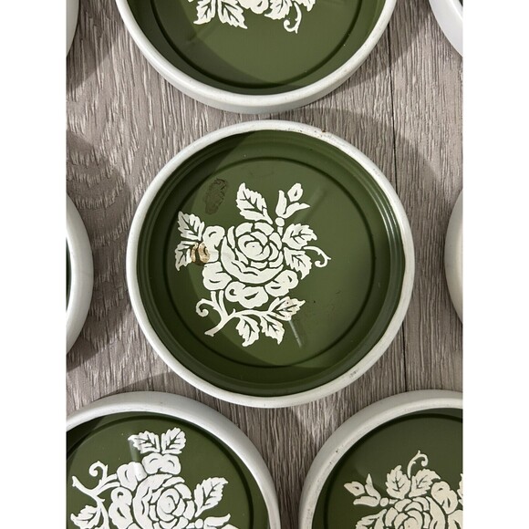Vintage Metal Tole Ware Coasters In Original Box Green White Floral Set of 8 - Picture 11 of 13